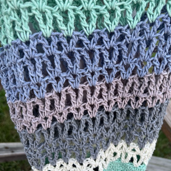 Blue, Grey, White & Teal Crochet Acrylic Market Bag Handmade - Picture 3 of 3